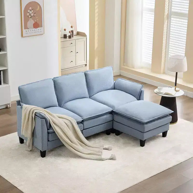 HYLEORY Canapé d'angle moderne en lin flanelle de 192 cm de large avec pouf pour salon