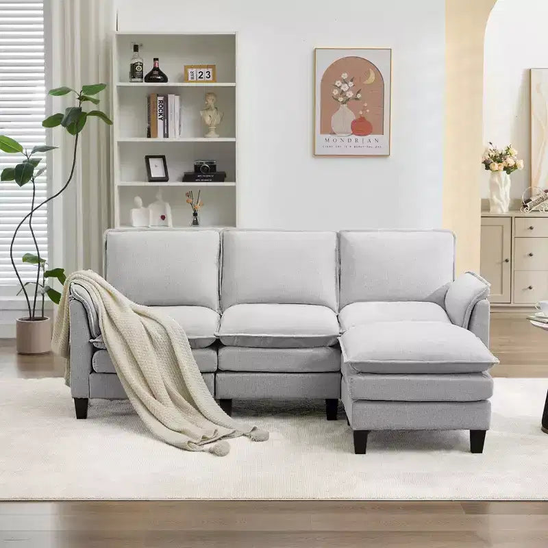 HYLEORY Canapé d'angle moderne en lin flanelle de 192 cm de large avec pouf pour salon