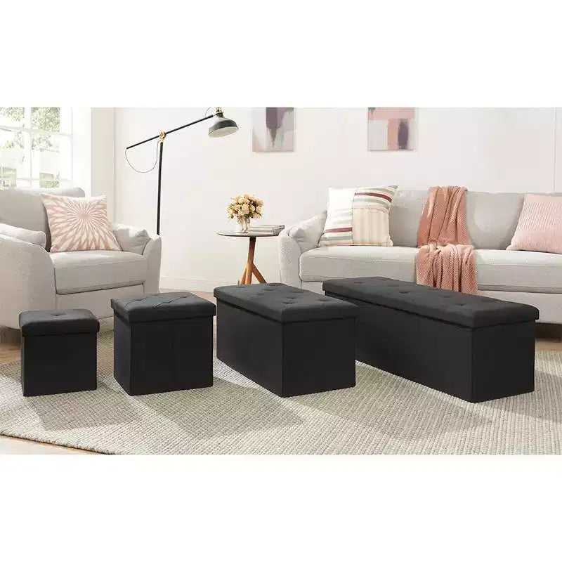 VECELO Banc de Rangement Pliant 46/30/15/11.8, Coffre de Rangement, Tabouret Repose-Pieds en Tissu de Lin, Poufs de Rangement, Pouf de Rangement Pliant