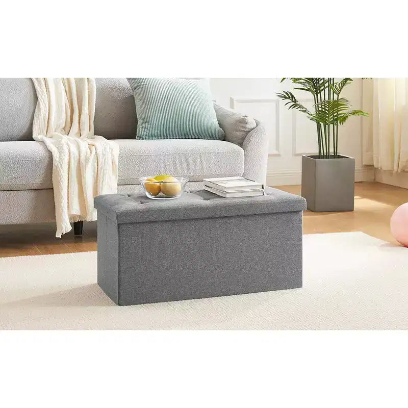 VECELO Banc de Rangement Pliant 46/30/15/11.8, Coffre de Rangement, Tabouret Repose-Pieds en Tissu de Lin, Poufs de Rangement, Pouf de Rangement Pliant