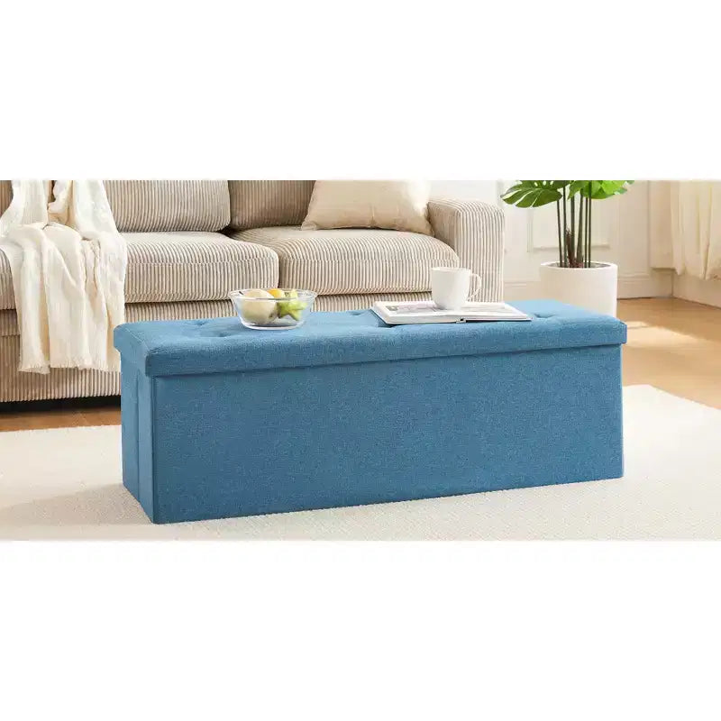 VECELO Banc de Rangement Pliant 46/30/15/11.8, Coffre de Rangement, Tabouret Repose-Pieds en Tissu de Lin, Poufs de Rangement, Pouf de Rangement Pliant