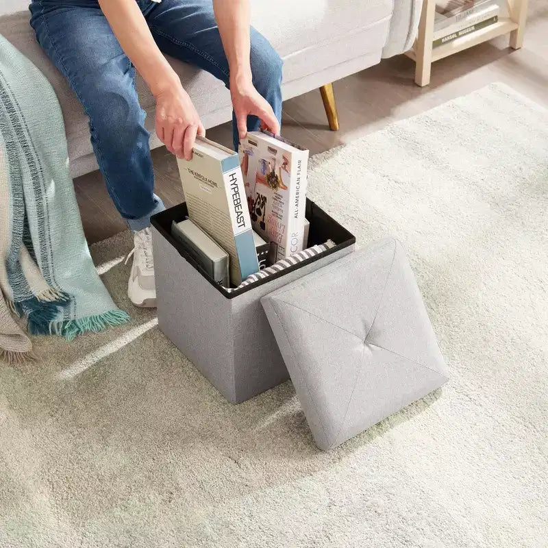 VECELO Banc de Rangement Pliant 46/30/15/11.8, Coffre de Rangement, Tabouret Repose-Pieds en Tissu de Lin, Poufs de Rangement, Pouf de Rangement Pliant