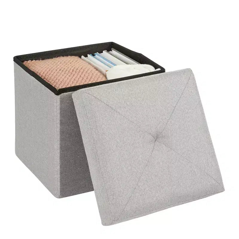 VECELO Banc de Rangement Pliant 46/30/15/11.8, Coffre de Rangement, Tabouret Repose-Pieds en Tissu de Lin, Poufs de Rangement, Pouf de Rangement Pliant