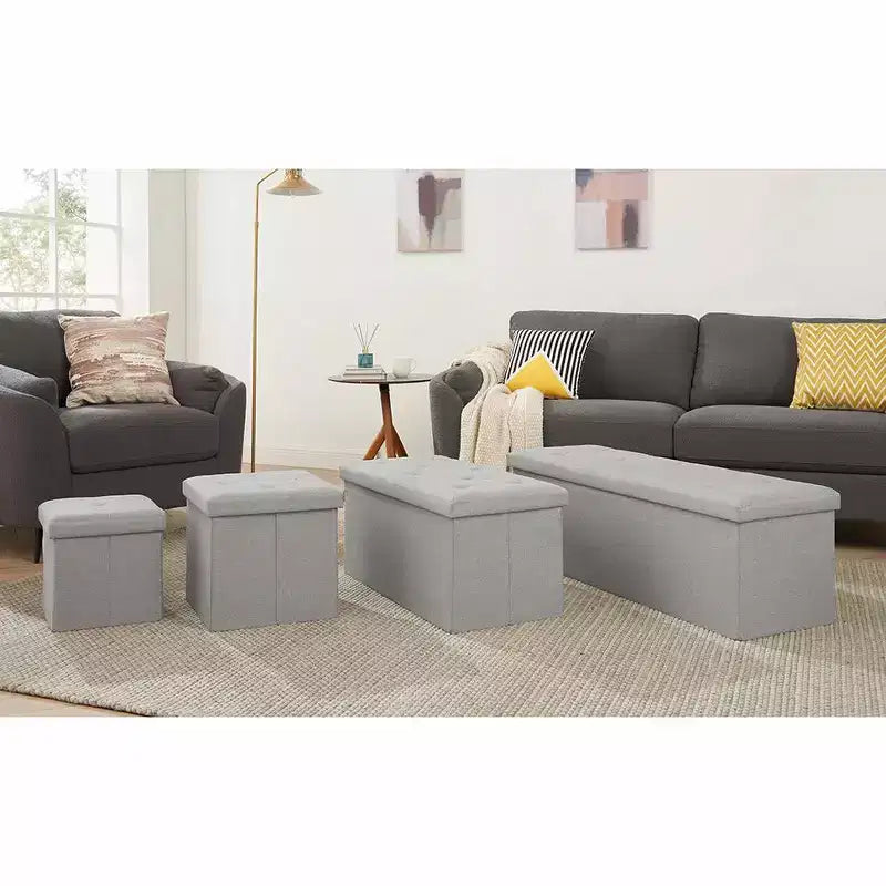 VECELO Banc de Rangement Pliant 46/30/15/11.8, Coffre de Rangement, Tabouret Repose-Pieds en Tissu de Lin, Poufs de Rangement, Pouf de Rangement Pliant