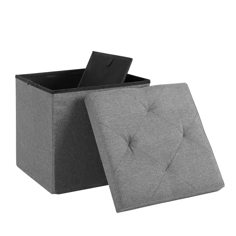 VECELO Banc de Rangement Pliant 46/30/15/11.8, Coffre de Rangement, Tabouret Repose-Pieds en Tissu de Lin, Poufs de Rangement, Pouf de Rangement Pliant