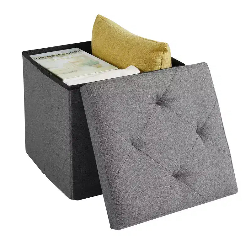 VECELO Banc de Rangement Pliant 46/30/15/11.8, Coffre de Rangement, Tabouret Repose-Pieds en Tissu de Lin, Poufs de Rangement, Pouf de Rangement Pliant