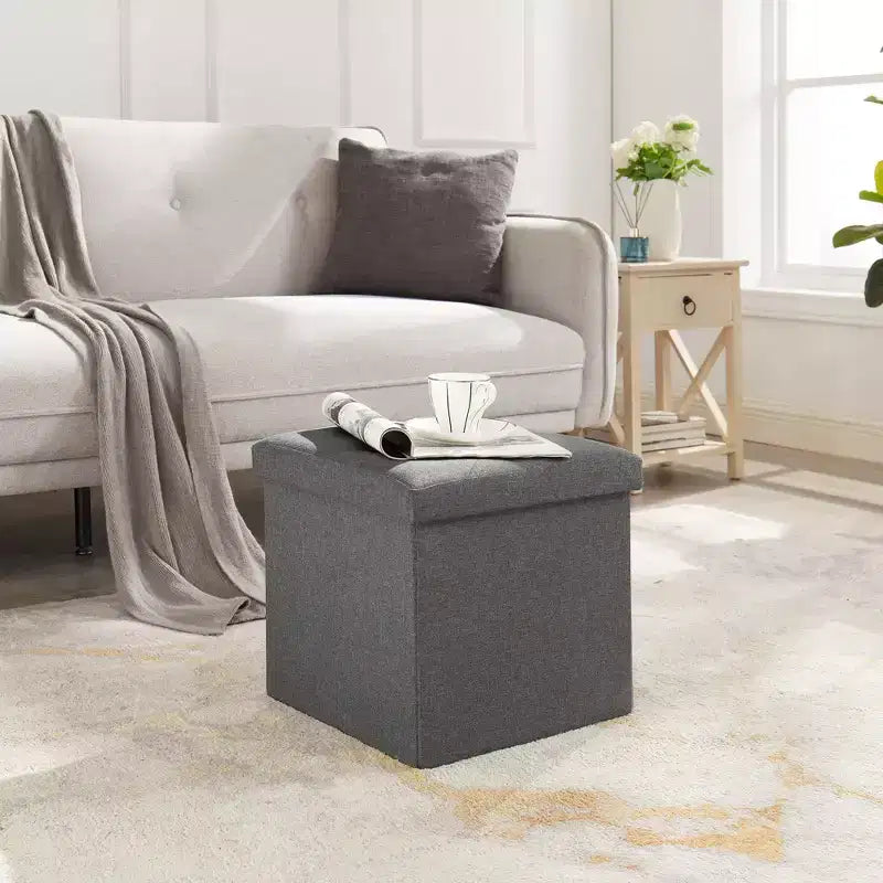 VECELO Banc de Rangement Pliant 46/30/15/11.8, Coffre de Rangement, Tabouret Repose-Pieds en Tissu de Lin, Poufs de Rangement, Pouf de Rangement Pliant