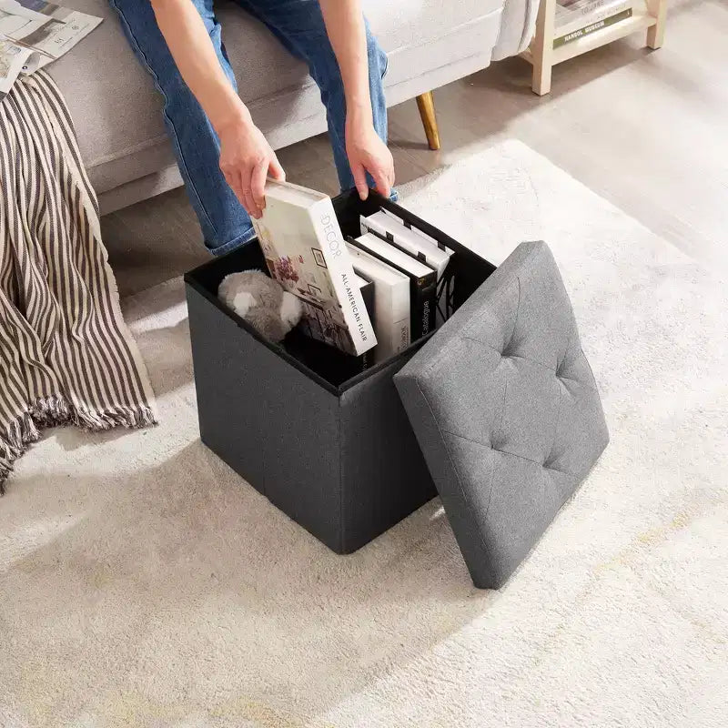 VECELO Banc de Rangement Pliant 46/30/15/11.8, Coffre de Rangement, Tabouret Repose-Pieds en Tissu de Lin, Poufs de Rangement, Pouf de Rangement Pliant