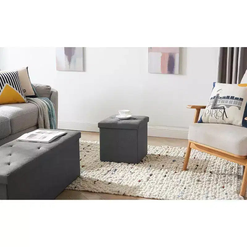 VECELO Banc de Rangement Pliant 46/30/15/11.8, Coffre de Rangement, Tabouret Repose-Pieds en Tissu de Lin, Poufs de Rangement, Pouf de Rangement Pliant