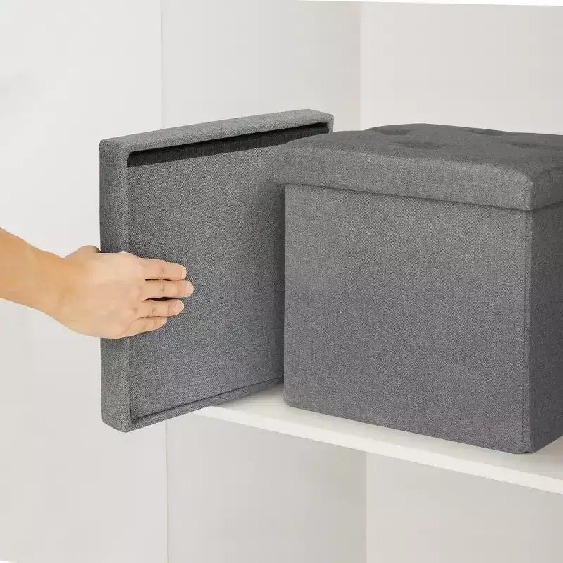 VECELO Banc de Rangement Pliant 46/30/15/11.8, Coffre de Rangement, Tabouret Repose-Pieds en Tissu de Lin, Poufs de Rangement, Pouf de Rangement Pliant