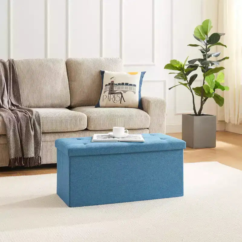 VECELO Banc de Rangement Pliant 46/30/15/11.8, Coffre de Rangement, Tabouret Repose-Pieds en Tissu de Lin, Poufs de Rangement, Pouf de Rangement Pliant