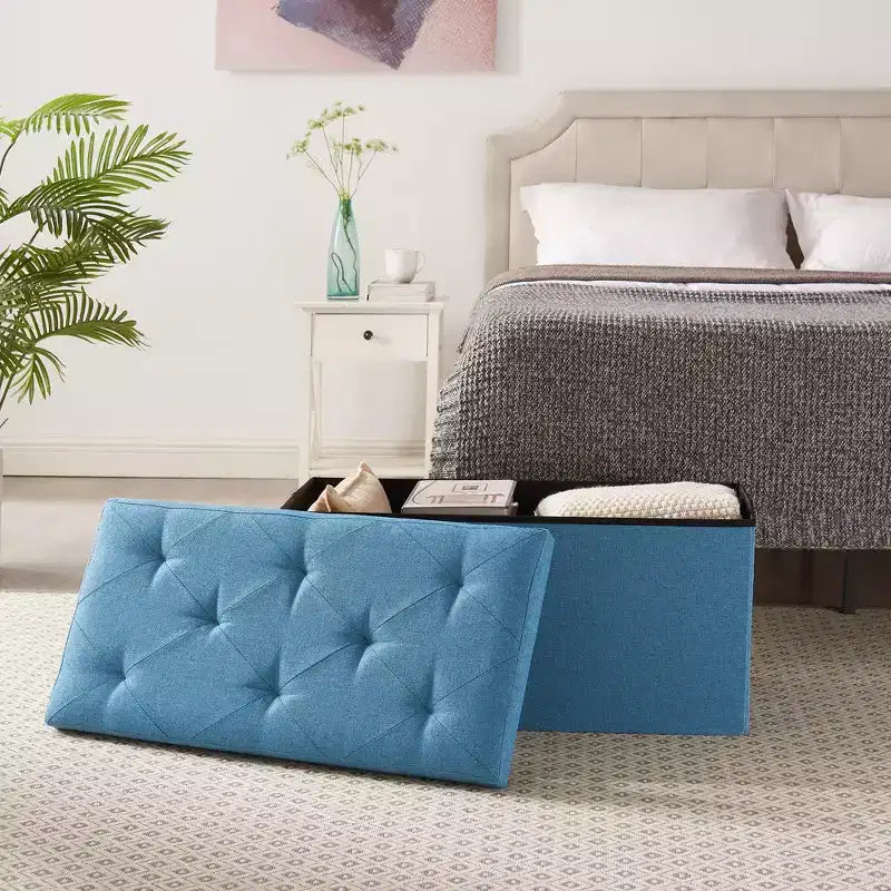 VECELO Banc de Rangement Pliant 46/30/15/11.8, Coffre de Rangement, Tabouret Repose-Pieds en Tissu de Lin, Poufs de Rangement, Pouf de Rangement Pliant
