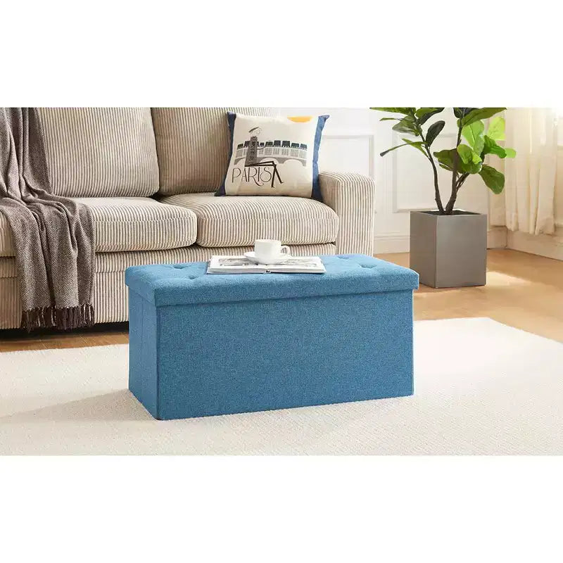 VECELO Banc de Rangement Pliant 46/30/15/11.8, Coffre de Rangement, Tabouret Repose-Pieds en Tissu de Lin, Poufs de Rangement, Pouf de Rangement Pliant