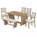 Whisen Ensemble de 6 pièces de table et chaises de salle à manger de cuisine rétro pour 6 personnes, ensemble table et chaises de cuisine en bois avec banc, piètement à tréteaux, coussin moelleux