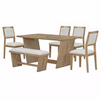 Whisen Ensemble de 6 pièces de table et chaises de salle à manger de cuisine rétro pour 6 personnes, ensemble table et chaises de cuisine en bois avec banc, piètement à tréteaux, coussin moelleux