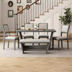 Whisen Ensemble de 6 pièces de table et chaises de salle à manger de cuisine rétro pour 6 personnes, ensemble table et chaises de cuisine en bois avec banc, piètement à tréteaux, coussin moelleux