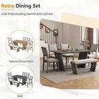 Whisen Ensemble de 6 pièces de table et chaises de salle à manger de cuisine rétro pour 6 personnes, ensemble table et chaises de cuisine en bois avec banc, piètement à tréteaux, coussin moelleux