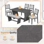 Whisen Ensemble de 6 pièces de table et chaises de salle à manger de cuisine rétro pour 6 personnes, ensemble table et chaises de cuisine en bois avec banc, piètement à tréteaux, coussin moelleux