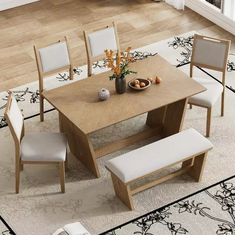 Whisen Ensemble de 6 pièces de table et chaises de salle à manger de cuisine rétro pour 6 personnes, ensemble table et chaises de cuisine en bois avec banc, piètement à tréteaux, coussin moelleux