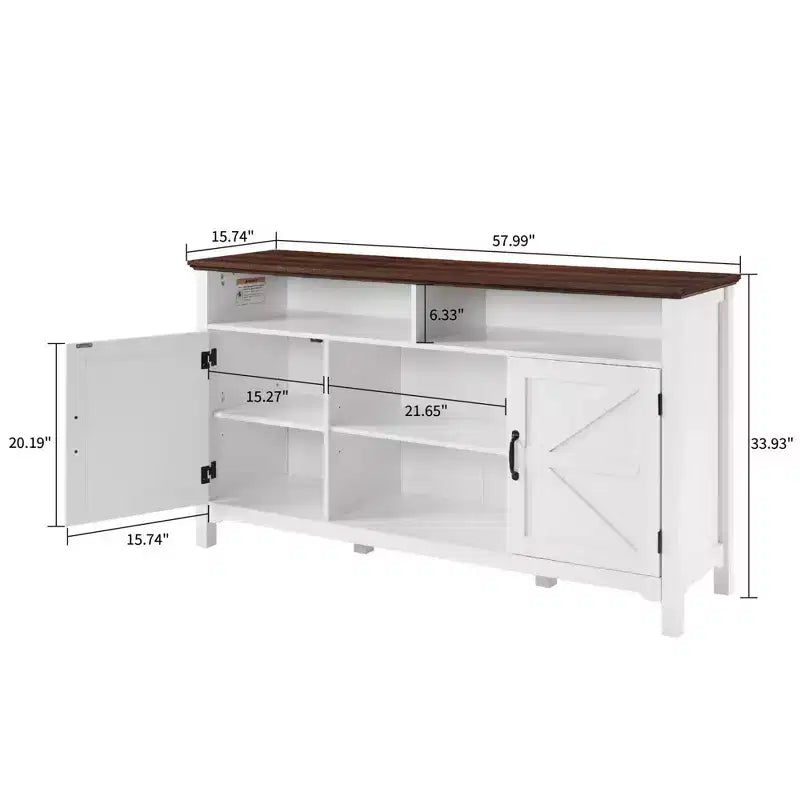 Buffet de ferme avec portes battantes de style grange, grand meuble de rangement de cuisine de 147 cm avec étagères réglables