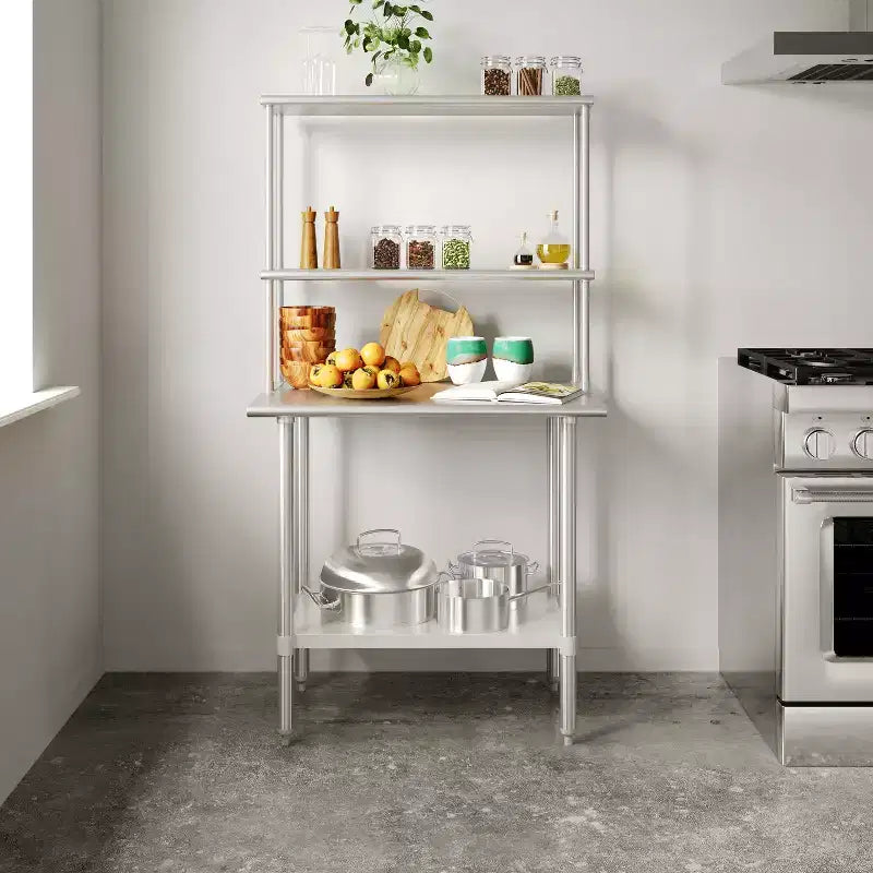 Table de préparation et de travail portable Flash Furniture Rawcliffe avec étagère supérieure en acier inoxydable de calibre 18, double sur-étagère et étagère inférieure en acier galvanisé