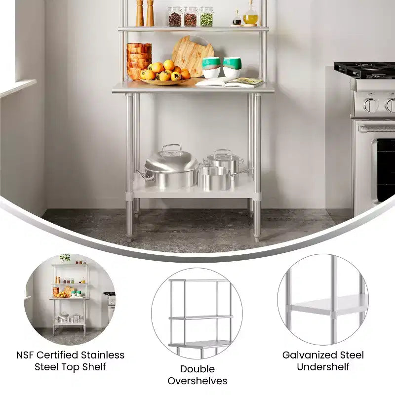Table de préparation et de travail portable Flash Furniture Rawcliffe avec étagère supérieure en acier inoxydable de calibre 18, double sur-étagère et étagère inférieure en acier galvanisé