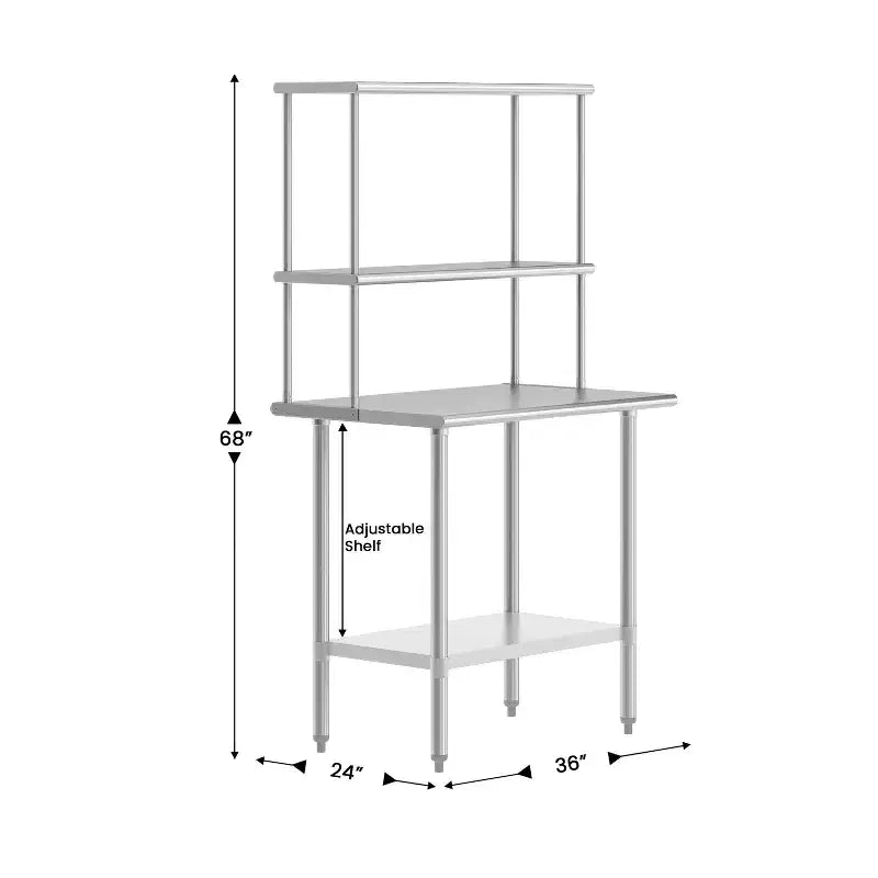Table de préparation et de travail portable Flash Furniture Rawcliffe avec étagère supérieure en acier inoxydable de calibre 18, double sur-étagère et étagère inférieure en acier galvanisé