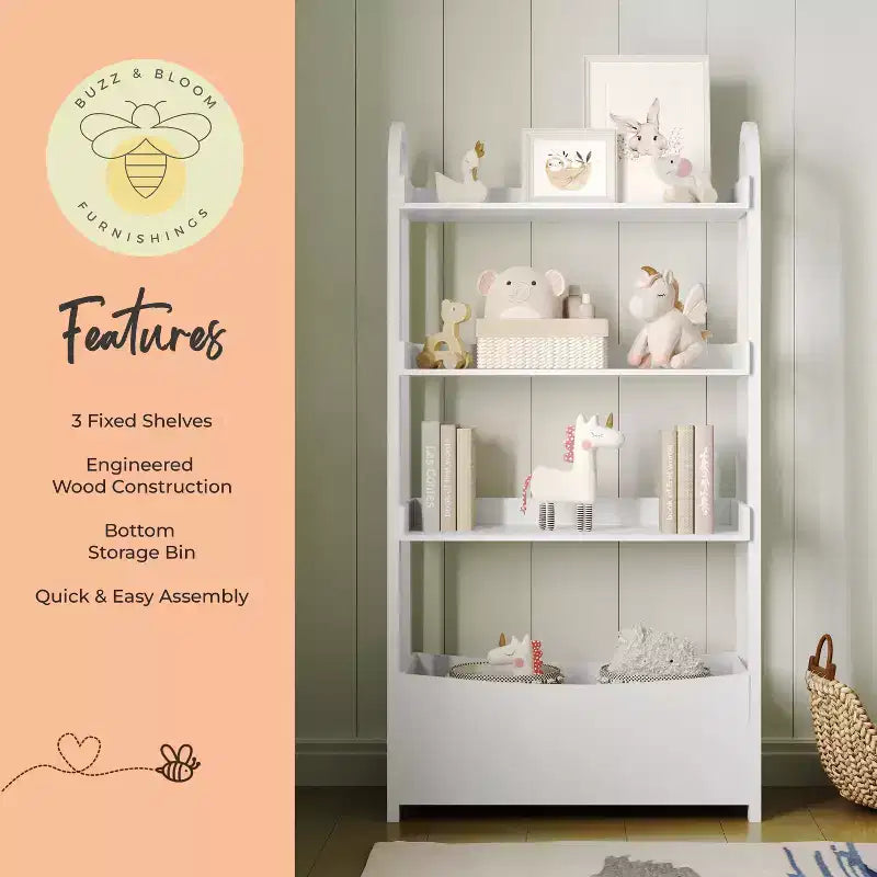 Étagère à livres ouverte Buzz & Bloom pour enfants avec 3 tablettes et bac de rangement inférieur, blanche