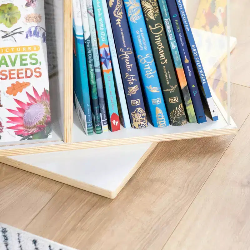 EdQ Présentoir rotatif grand format blanc : Étagère à livres à 3 niveaux pour le rangement en classe, Organisateur de livres avec étagères en acrylique pour l'organisation de l'école à la maison