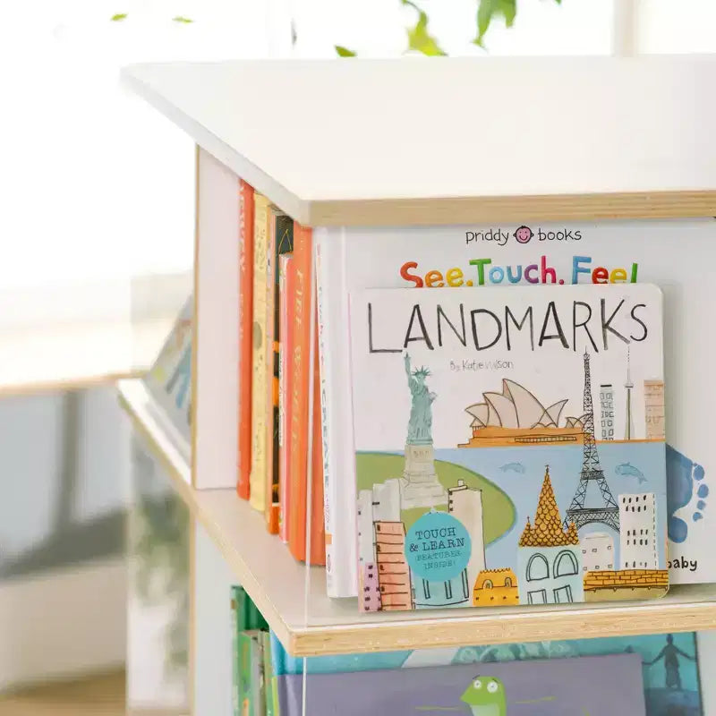 EdQ Présentoir rotatif grand format blanc : Étagère à livres à 3 niveaux pour le rangement en classe, Organisateur de livres avec étagères en acrylique pour l'organisation de l'école à la maison