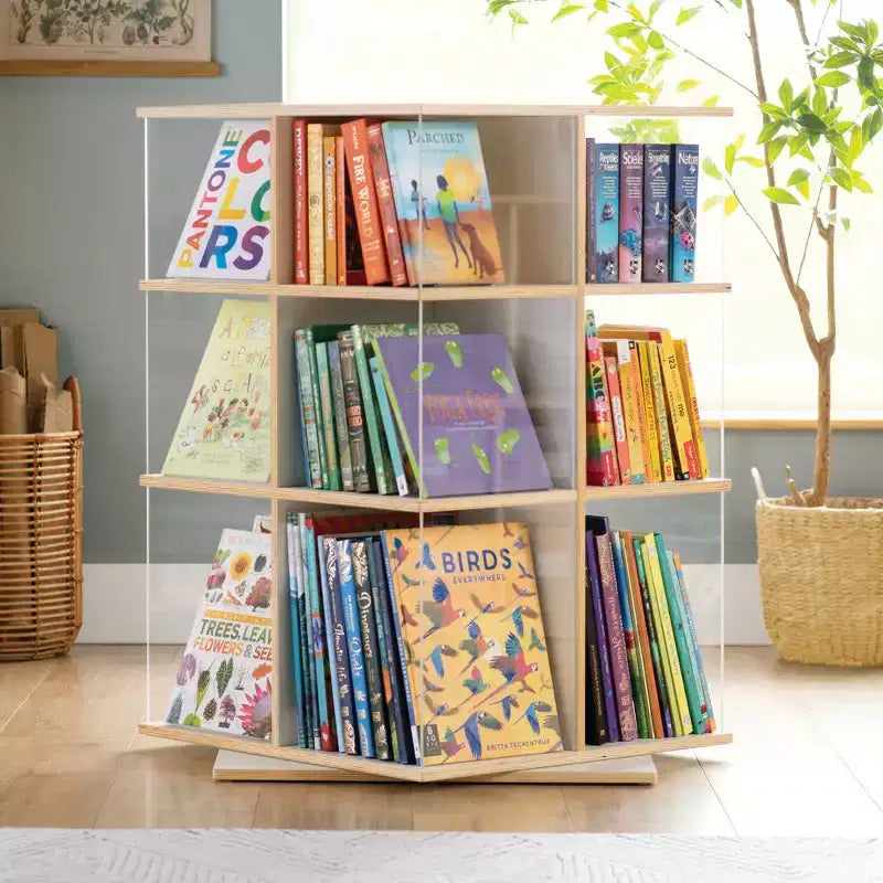 EdQ Présentoir rotatif grand format blanc : Étagère à livres à 3 niveaux pour le rangement en classe, Organisateur de livres avec étagères en acrylique pour l'organisation de l'école à la maison