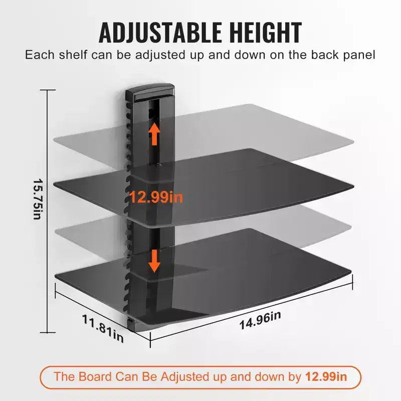 Étagères flottantes en verre VEVOR, supporte jusqu'à 8 kg, support mural TV avec étagère renforcée, centre de divertissement flottant pour lecteurs DVD / PS4 - 2 niveaux