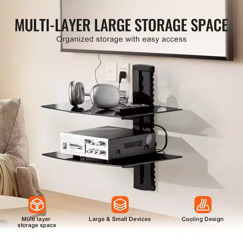 Étagères flottantes en verre VEVOR, supporte jusqu'à 8 kg, support mural TV avec étagère renforcée, centre de divertissement flottant pour lecteurs DVD / PS4 - 2 niveaux