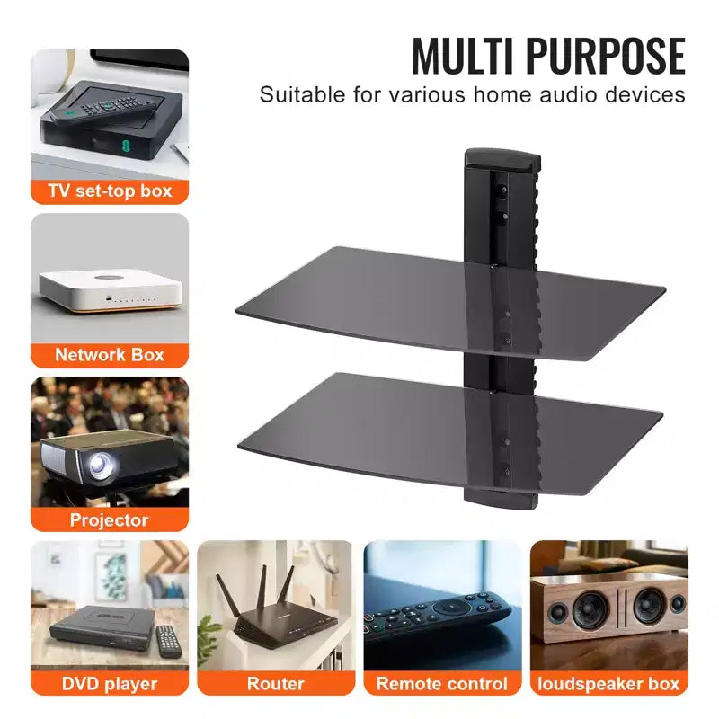 Étagères flottantes en verre VEVOR, supporte jusqu'à 8 kg, support mural TV avec étagère renforcée, centre de divertissement flottant pour lecteurs DVD / PS4 - 2 niveaux