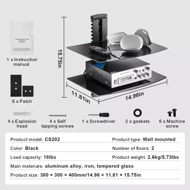 Étagères flottantes en verre VEVOR, supporte jusqu'à 8 kg, support mural TV avec étagère renforcée, centre de divertissement flottant pour lecteurs DVD / PS4 - 2 niveaux