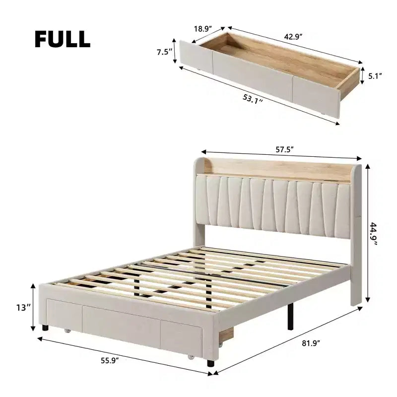 Cadre de lit Whizmax avec 2 tiroirs de rangement, cadre de lit plateforme rembourré avec tête de lit de rangement, sommier tapissier avec support à lattes en bois massif