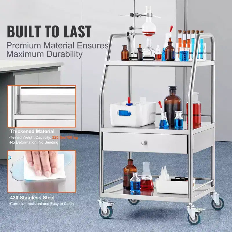 Chariot de service de laboratoire VEVOR, chariot roulant utilitaire à 3 niveaux en acier inoxydable, chariot médical avec tiroir, chariot utilitaire dentaire avec roues verrouillables