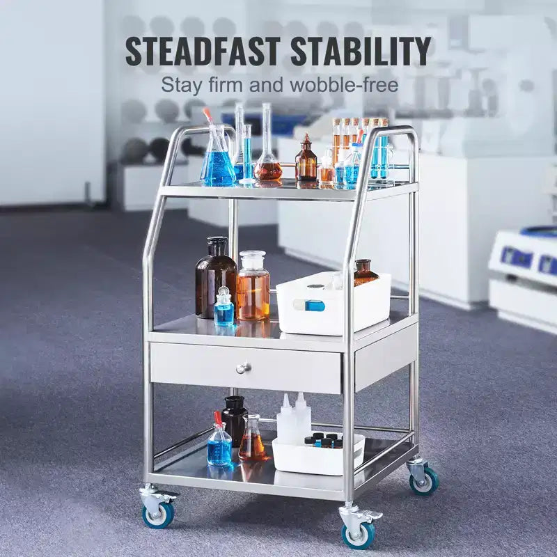 Chariot de service de laboratoire VEVOR, chariot roulant utilitaire à 3 niveaux en acier inoxydable, chariot médical avec tiroir, chariot utilitaire dentaire avec roues verrouillables