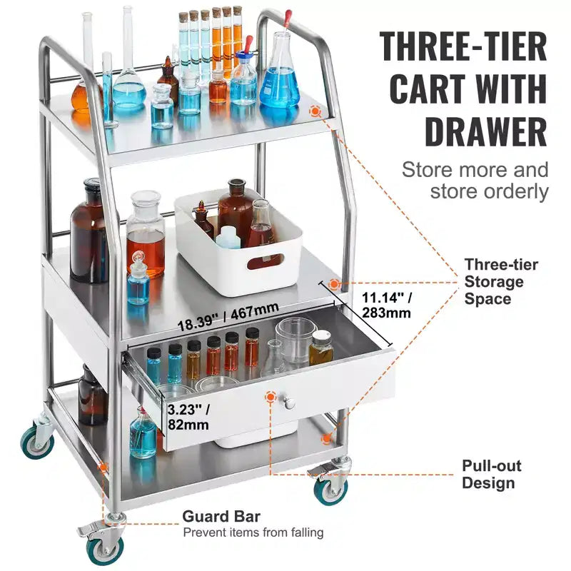 Chariot de service de laboratoire VEVOR, chariot roulant utilitaire à 3 niveaux en acier inoxydable, chariot médical avec tiroir, chariot utilitaire dentaire avec roues verrouillables