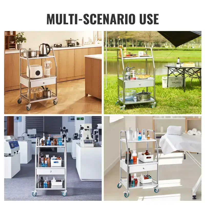Chariot de service de laboratoire VEVOR, chariot roulant utilitaire à 3 niveaux en acier inoxydable, chariot médical avec tiroir, chariot utilitaire dentaire avec roues verrouillables