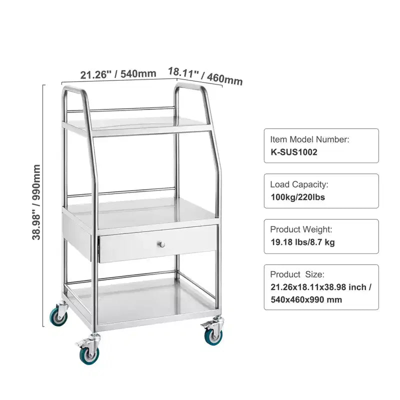 Chariot de service de laboratoire VEVOR, chariot roulant utilitaire à 3 niveaux en acier inoxydable, chariot médical avec tiroir, chariot utilitaire dentaire avec roues verrouillables