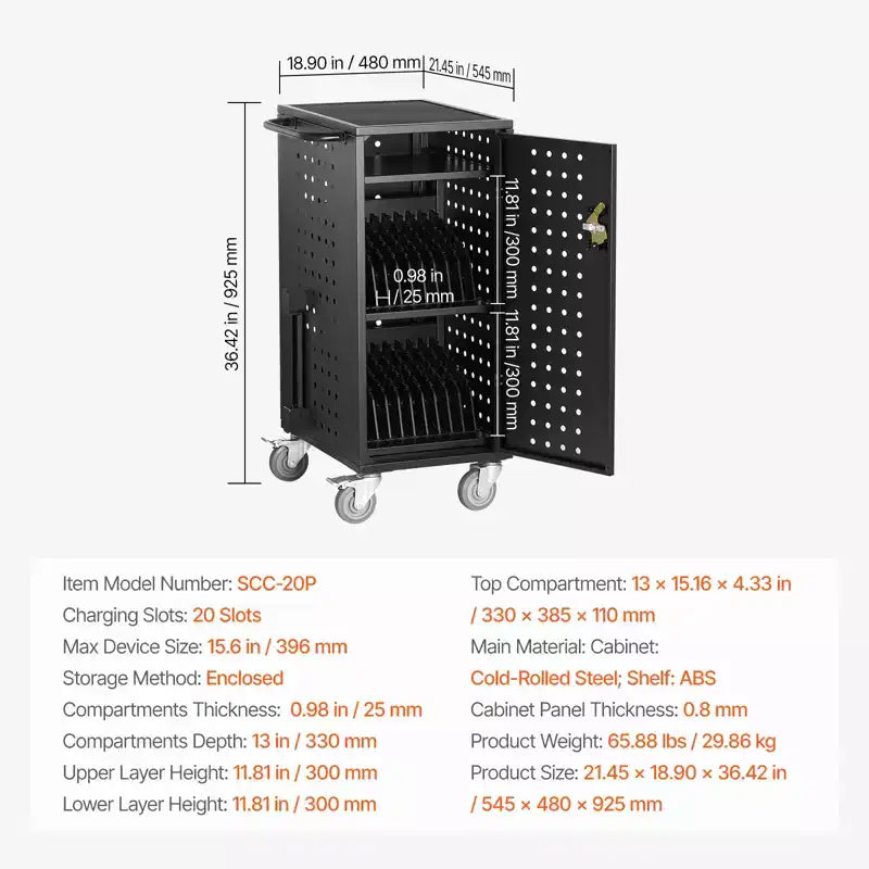 Chariot pour ordinateur portable VEVOR, chariot de charge mobile pour 20 appareils, pour écrans jusqu'à 15,6 pouces, chariot de charge mobile pour bureau et salle de classe, pour Chromebook