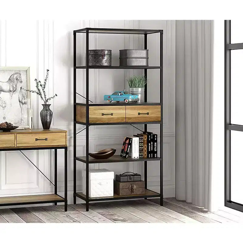 Bibliothèque à 5 étagères au design rustique eHemco avec 2 tiroirs, 174 cm, base noire