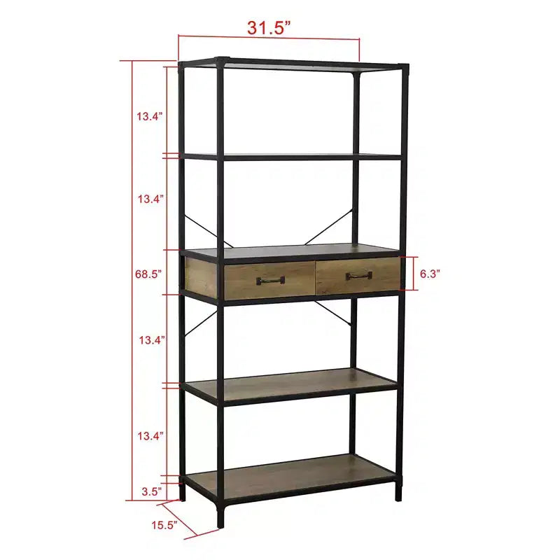 Bibliothèque à 5 étagères au design rustique eHemco avec 2 tiroirs, 174 cm, base noire