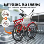 Tricycle pliant adulte VEVOR, Tricycle pliant adulte de 24 pouces, Vélo cruiser à 3 roues en acier au carbone avec grand panier et selle réglable
