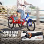 VEVOR Tricycle pliant adulte, 20 pouces 7 vitesses, en acier au carbone, vélo cruiser à 3 roues avec grand panier et siège réglable