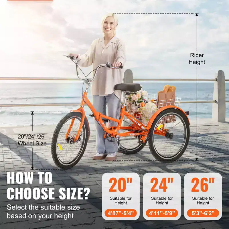Tricycle pliant VEVOR pour adultes, Tricycles pliants pour adultes 20 pouces, Vélo cruiser à 3 roues léger en alliage d'aluminium avec grand panier arrière