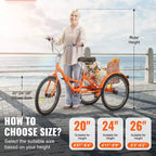 Tricycle pliant VEVOR pour adultes, Tricycles pliants pour adultes de 24 pouces, Vélo cruiser à 3 roues en alliage d'aluminium léger avec grand panier arrière