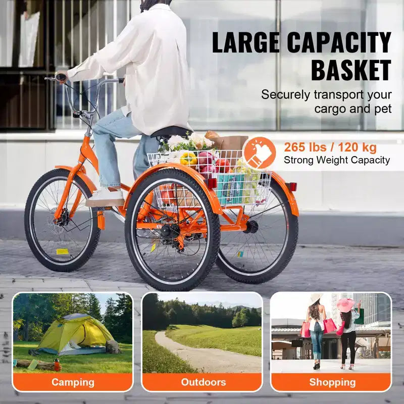 Tricycle pliant VEVOR pour adultes, Tricycles pliants pour adultes de 24 pouces, Vélo cruiser à 3 roues en alliage d'aluminium léger avec grand panier arrière