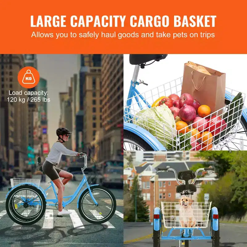 VEVOR Tricycles pour adultes, vélos à trois roues de 24 pouces, tricycles à 3 roues, vélo de croisière en acier au carbone avec panier et siège réglable